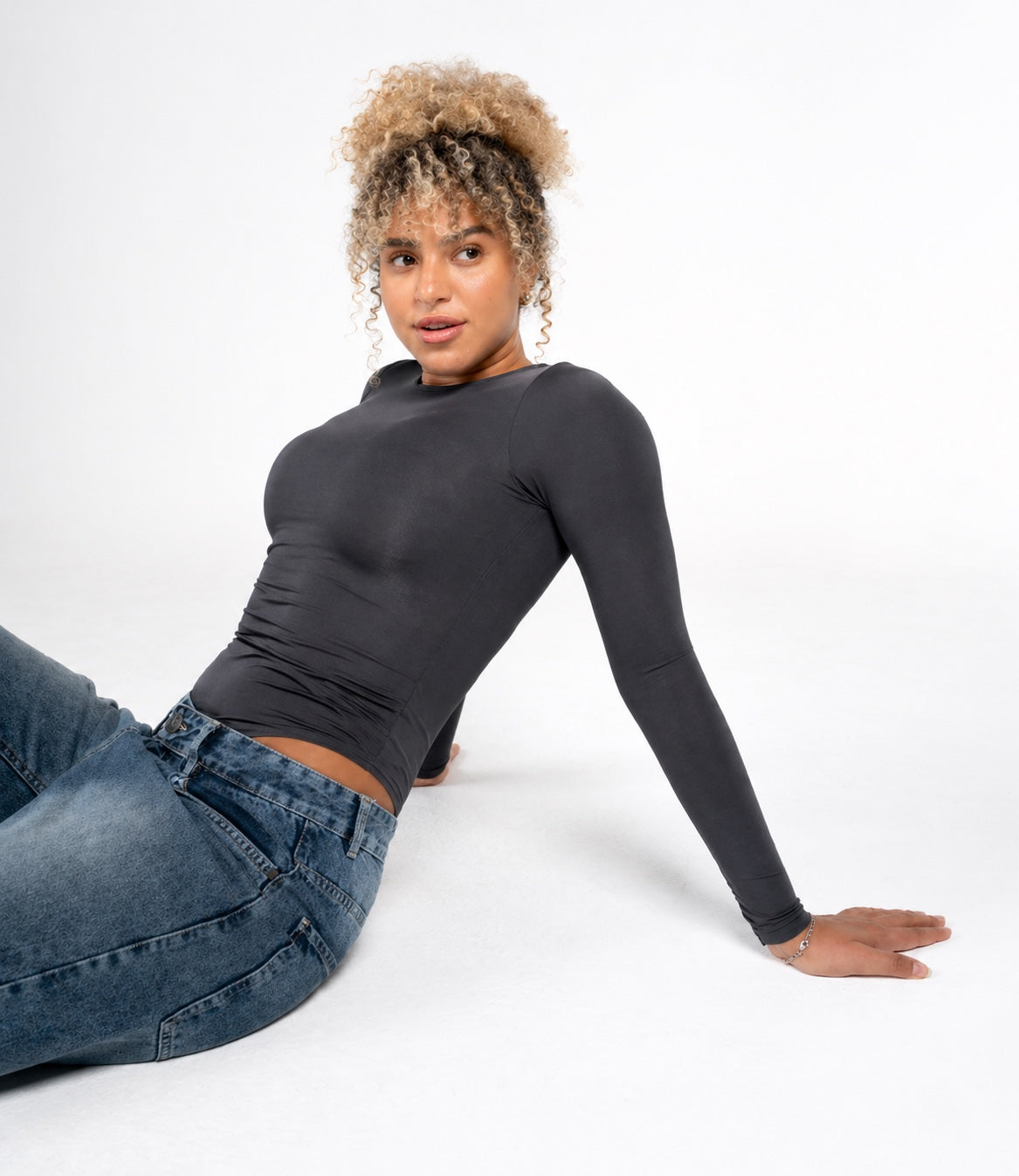 Boat Neck Long Sleeve Bodysuit - Charcoal Grey
