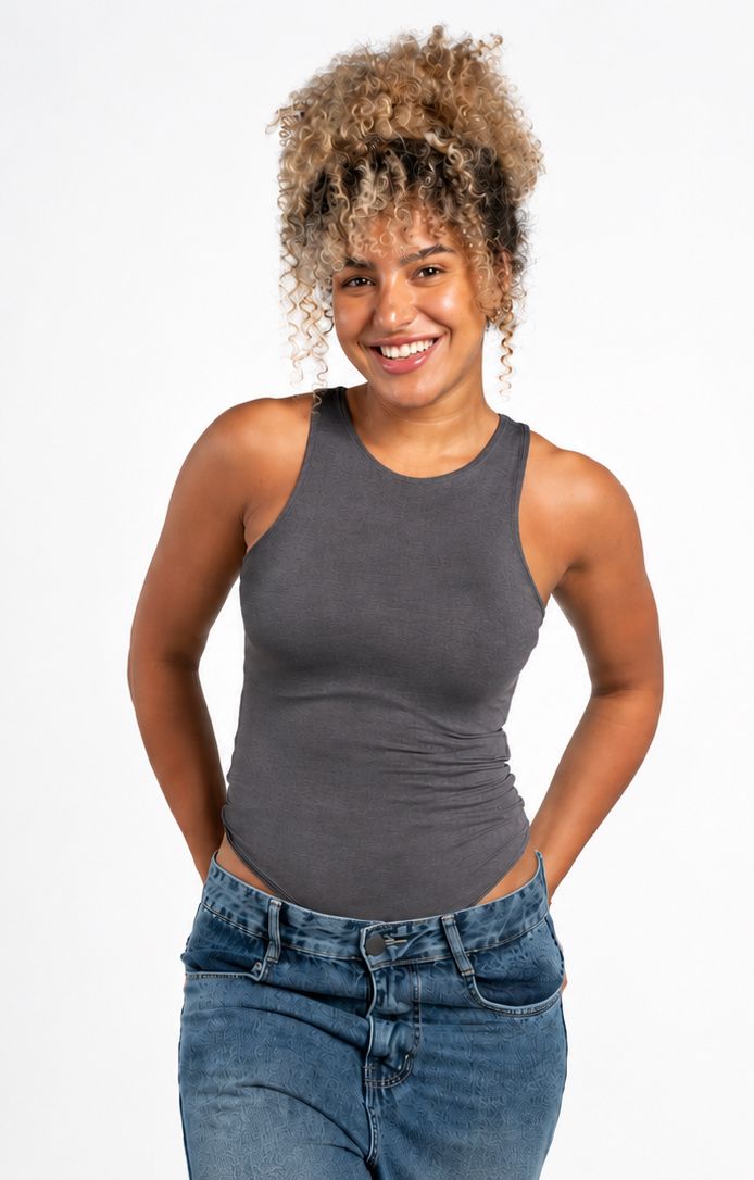 Boat Neck Sleeveless Bodysuit - Charcoal Grey