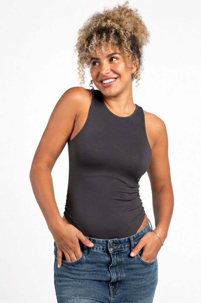Boat Neck Sleeveless Bodysuit - Dark Grey