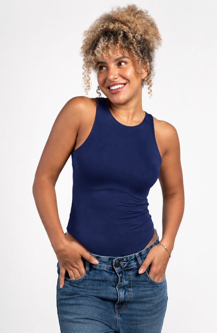 Boat Neck Sleeveless Bodysuit - Navy