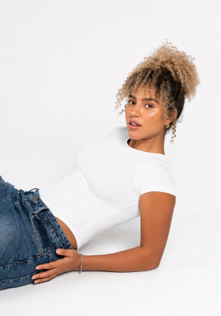 Boat Neck short sleeve Bodysuit - White