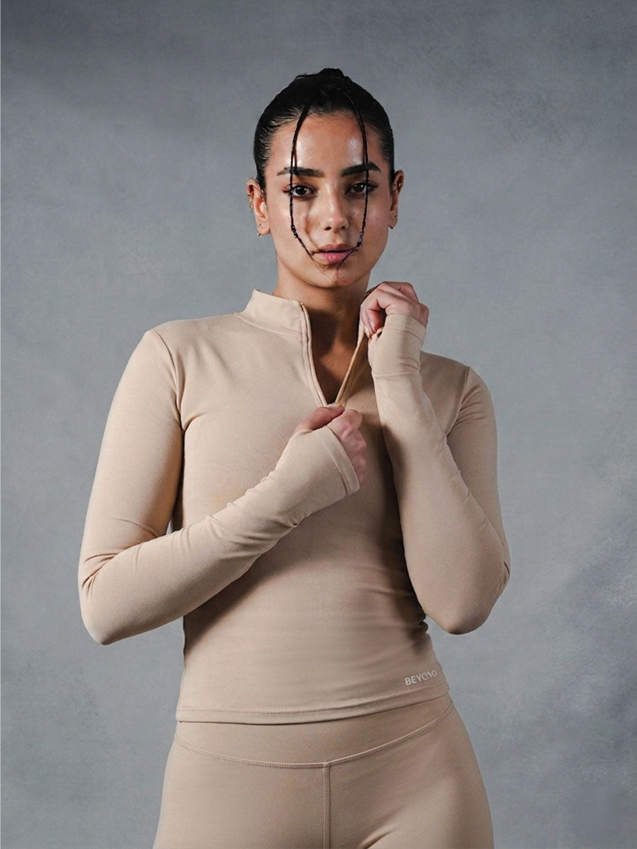 Compression Long Sleeve 1/4 Zip Top - Beige