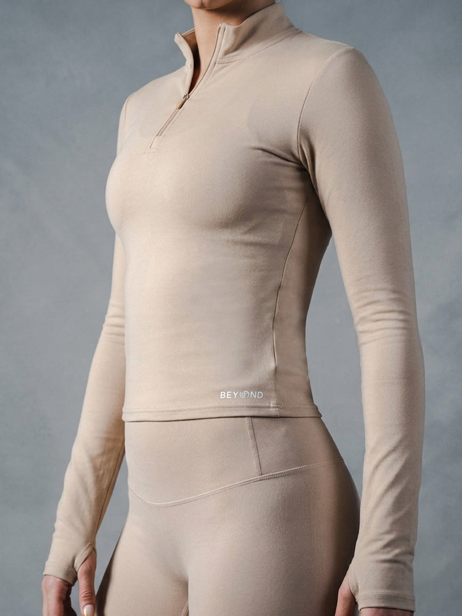 Compression Long Sleeve 1/4 Zip Top - Beige