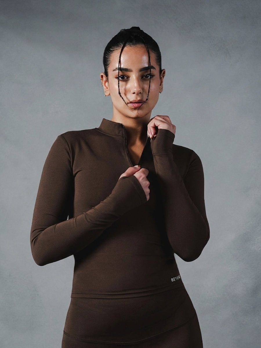 Compression Long Sleeve 1/4 Zip Top - Brown