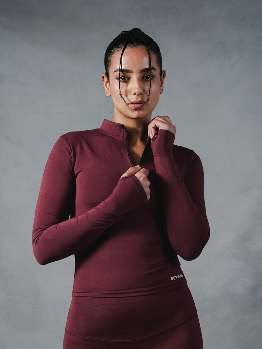 Compression Long Sleeve 1/4 Zip Top - Burgundy