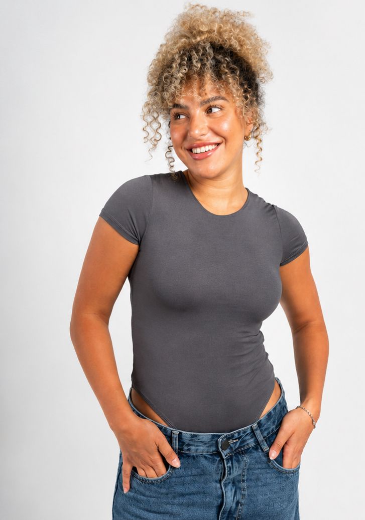Boat Neck short sleeve Bodysuit - Charcoal Grey